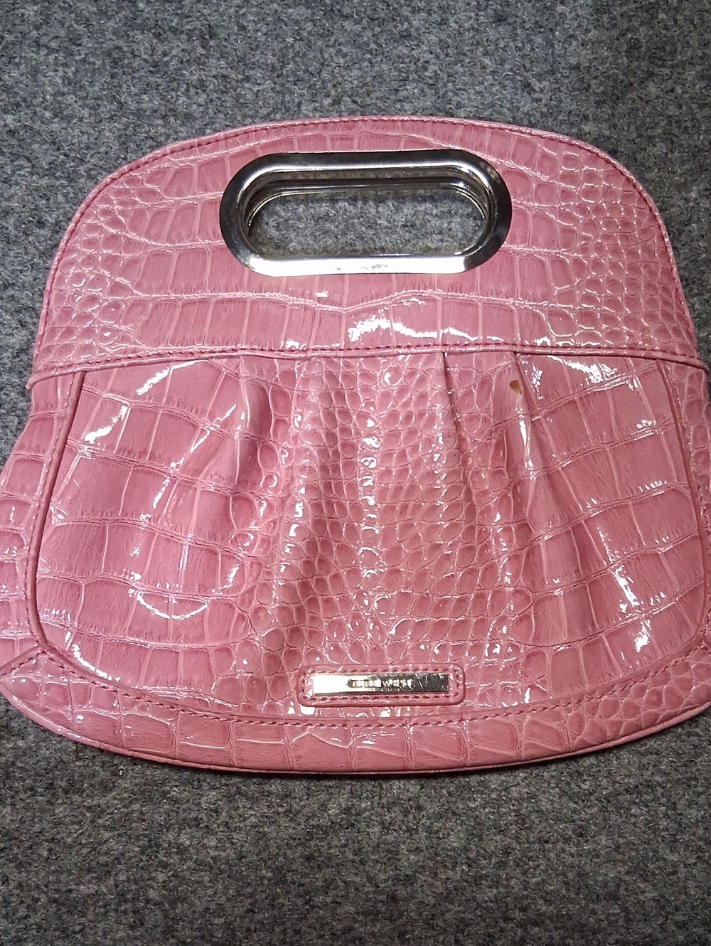 Pink Croc-Embossed Patent Handbag with Metal Handle